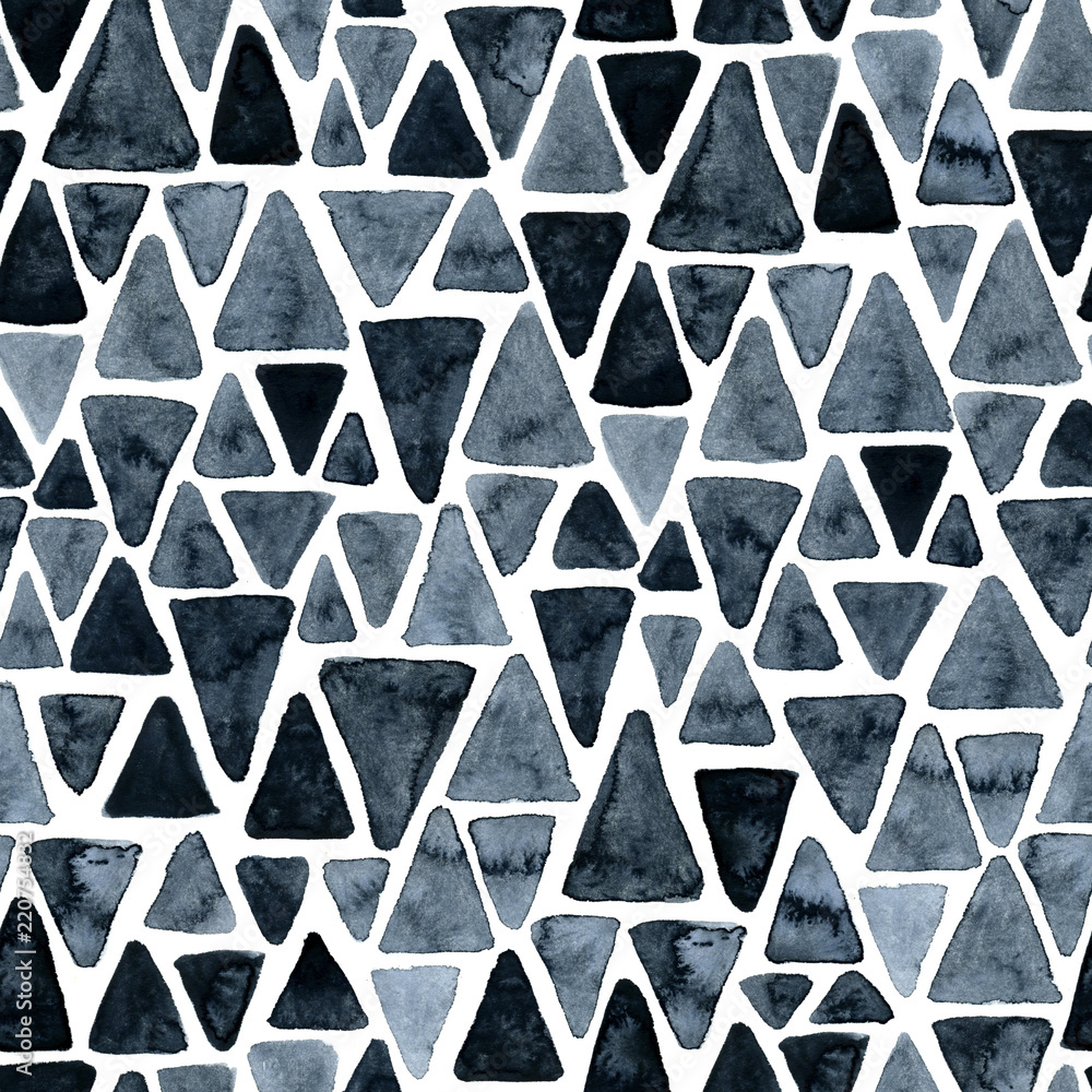 Fototapeta premium Seamless hand drawn watercolor pattern of triangles. Abstract monochrome design.