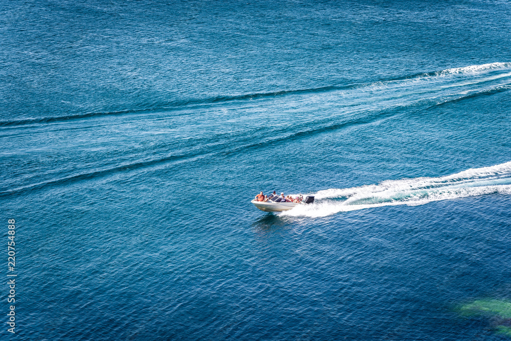 Obraz premium amazing view to yacht and clear dark blue water summer paradise. Copy space