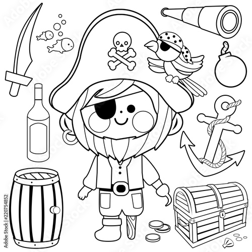 Pirate captain set. Vector black and white coloring page
