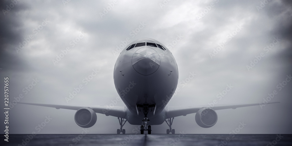 Fototapeta premium Airplane in fog, front view