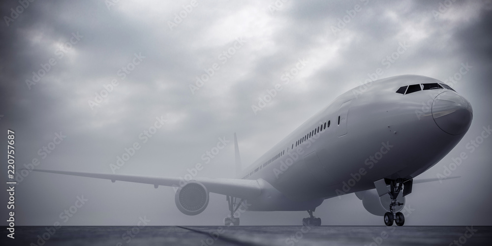 Airplane at the airport during the fog Airplane at the airport during the fog