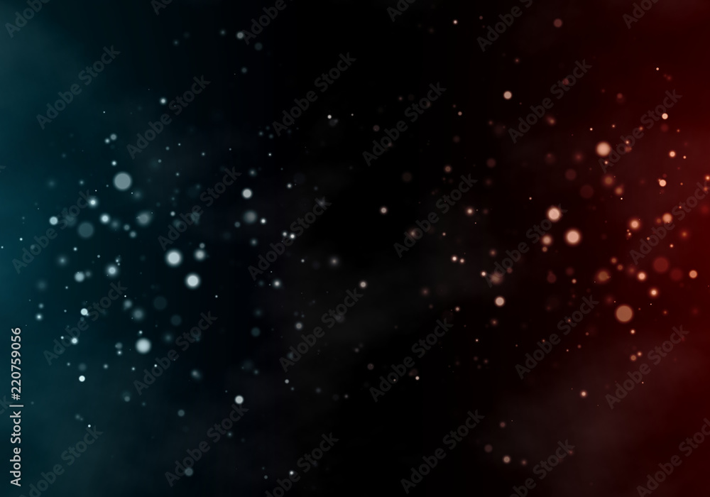 Abstract two tone bokeh background. Blue versus red circle bubbles on each side with empty space at middle center of screen for your text, logo, products.