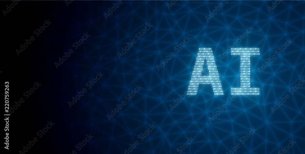 Illustration of Artificial intelligence. AI text on dark black theme ...