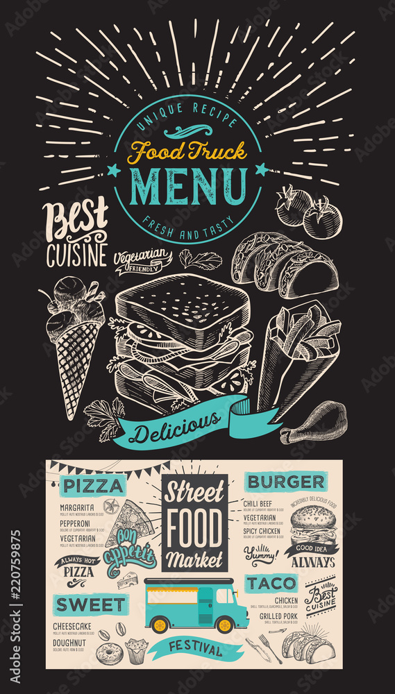 Food truck menu for street festival on chalkboard background. Design Food truck menu for street festival on chalkboard background. Design