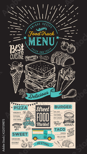 Food truck menu for street festival on chalkboard background. Design template with hand-drawn graphic illustrations.