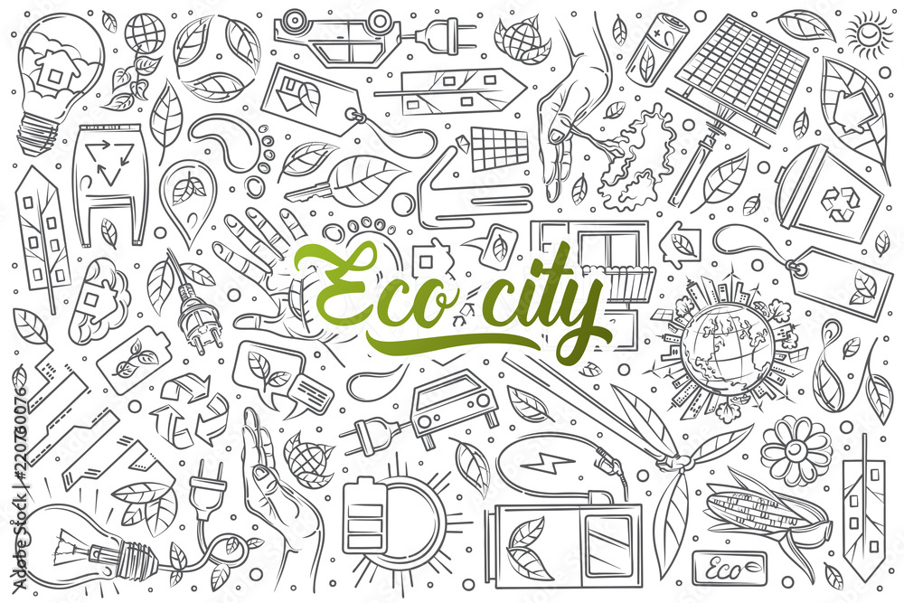 Hand drawn eco city set doodle background