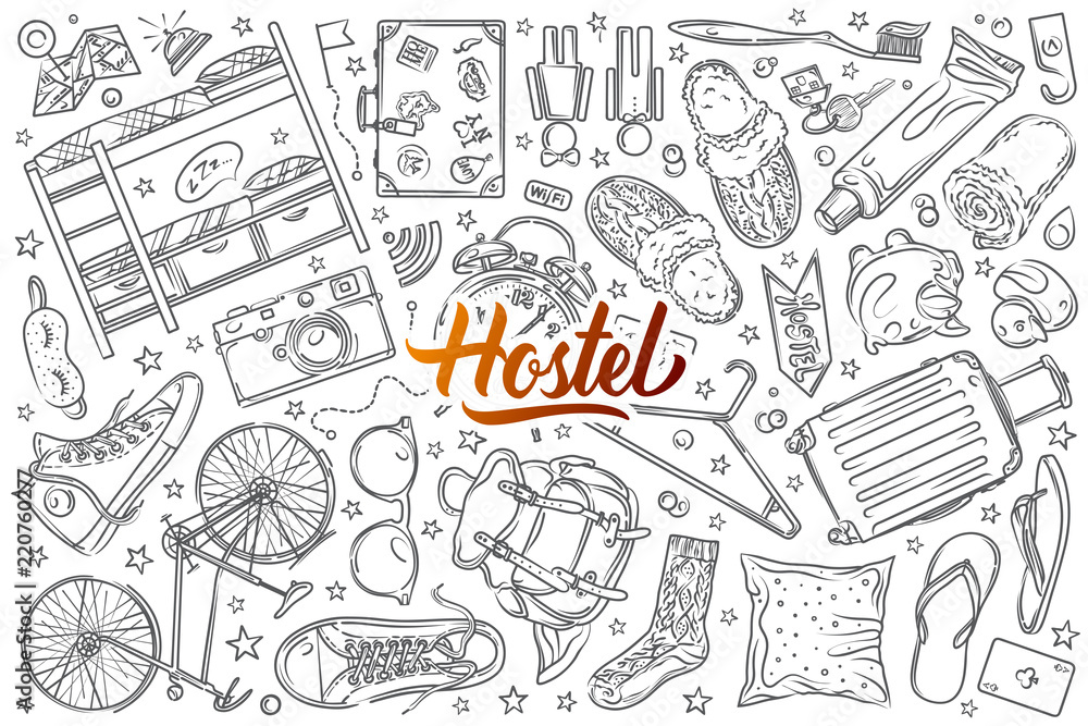 Hand drawn hostel set doodle vector background
