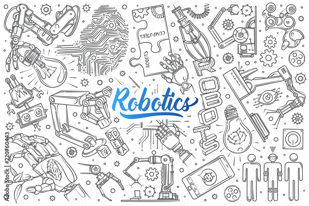 Hand drawn robotics set doodle vector background