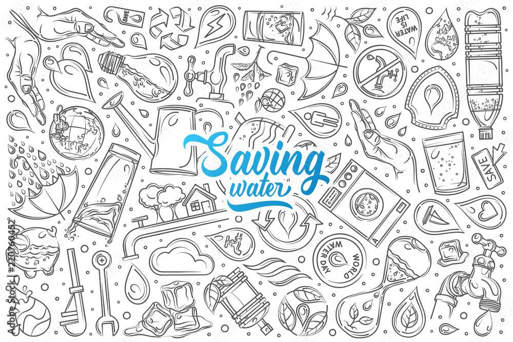 Hand drawn saving water set doodle vector background