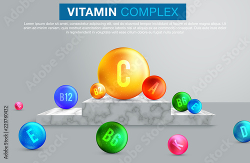 Multi Vitamin complex icons. Vitamin A, B group - B1, B2, B3, B5, B6, B9, B12, C, D, E, K multivitamin supplement logo
