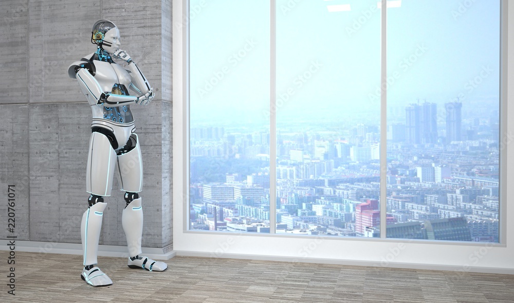 Fototapeta premium Roboter steht nachdenkend in einem Raum und blickt auf eine Stadt herab.