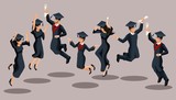 Isometrics graduates girls and boys, jump, academic robes, hats, rejoice, diplomas. Set of funny characters