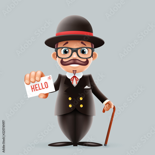 Great britain gentleman businessman cartoon character call card bowler hat suit business english 3d isolated design vector illustration