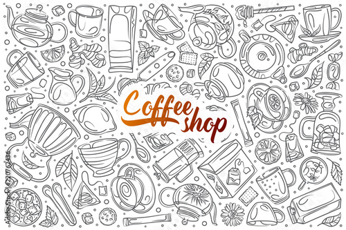 Hand drawn coffee shop set doodle vector background