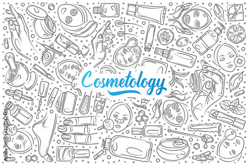 Hand drawn cosmetology set doodle vector background