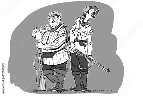 Hunters lokking for prey. Vector caricature. Hunters losers. Comic hunters.