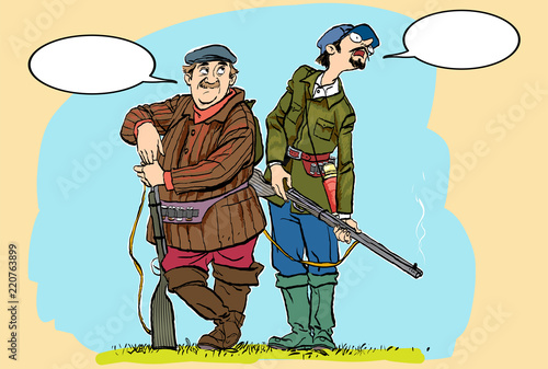 Hunters lokking for prey. Vector caricature. Hunters losers. Comic hunters.