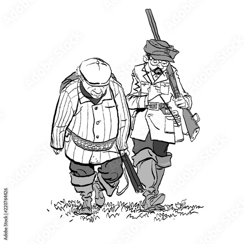 Hunters losers. Cartoon illustration of a hunters with a sad expression.