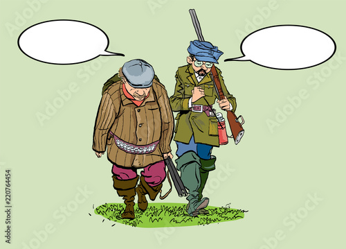 Hunters losers. Cartoon illustration of a hunters with a sad expression.