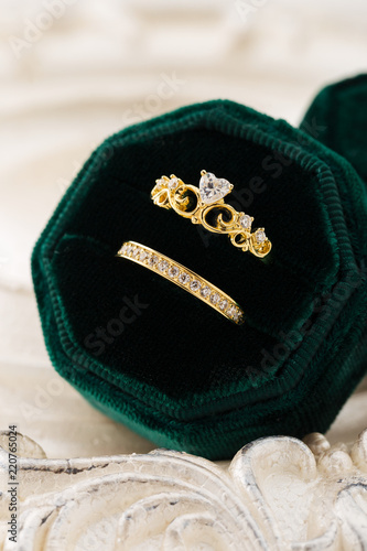 Set of gold tiara ring with heart shape diamond and band ring