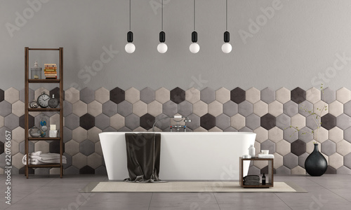 Bathroom with bathtub and hexagonal tiles photo