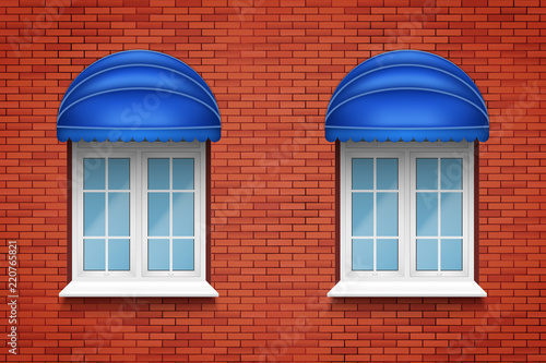 Metal plastic PVC arch windows with fabric awning in brick wall. Outdoor view. Models and frame installation. White color. Sample Vector Illustration