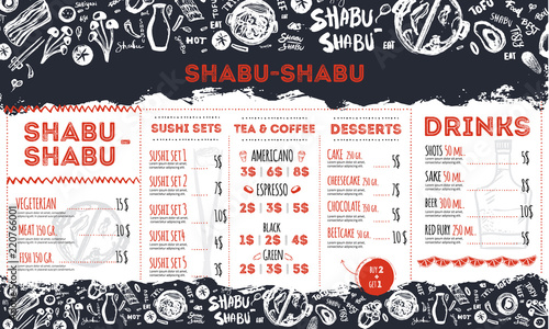 Modern shabu sukiyaki restaurant template with grunge doodles and lettering. Asian vector template design