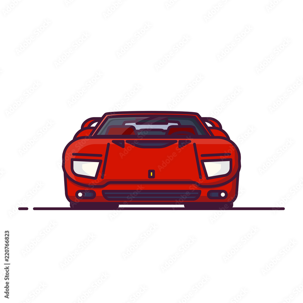 Front view of red fantasy racing sport car from 90s or 80s. Red super sport car for races. Line style vector illustration. Sport car banner. Speed and racing auto with spoiler and hidden headlamps.