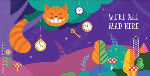 Alice in Wonderland banner, poster and card. We are mad here. Vector background