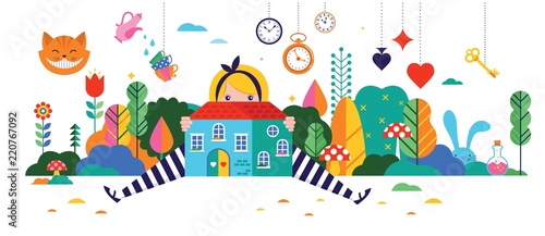 Alice in Wonderland banner, poster and card. We are mad here. Vector background