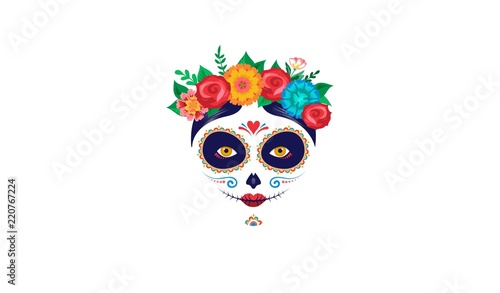 Dia de los muertos, Day of the dead, Mexican holiday, festival. Poster, banner and card with make up of sugar skull, woman with flowers