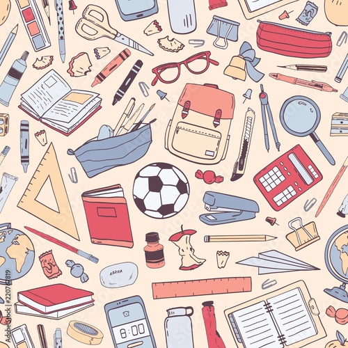Back To School seamless pattern with education supplies or stationery on light background. Colorful hand drawn vector illustration in realistic style for wrapping paper, wallpaper, backdrop.