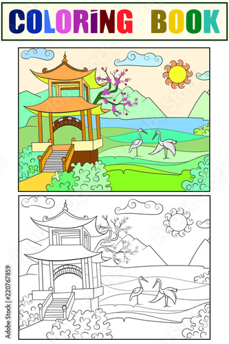 Nature of Japan coloring book for children cartoon raster illustration