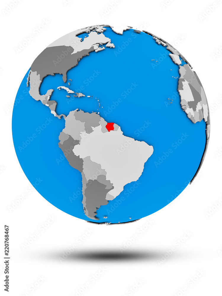 Suriname on political globe isolated