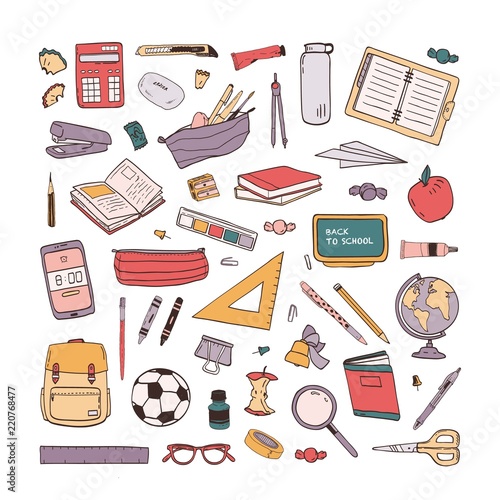 Collection of school stationery items hand drawn on white background. Set of drawings of education supplies. Bundle of design elements. Colorul creative vector illustration in realistic style.