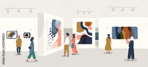 Exhibition visitors viewing modern abstract paintings at contemporary art gallery. People regarding creative artworks or exhibits in museum. Colorful vector illustration in flat cartoon style.