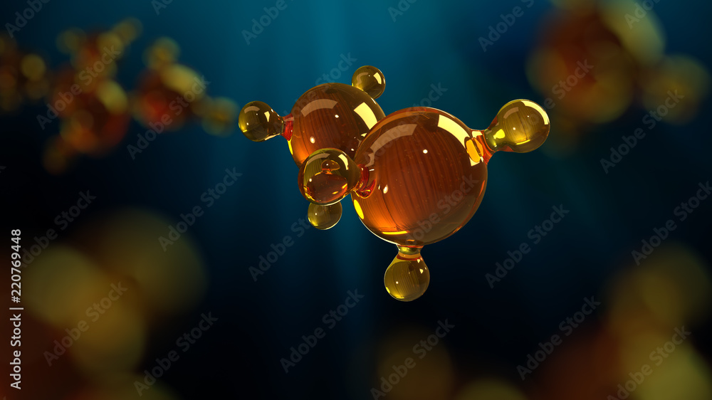 3d rendering illustration of glass molecule model. Molecule of oil. Concept of structure model motor oil or gas - obrazy, fototapety, plakaty 