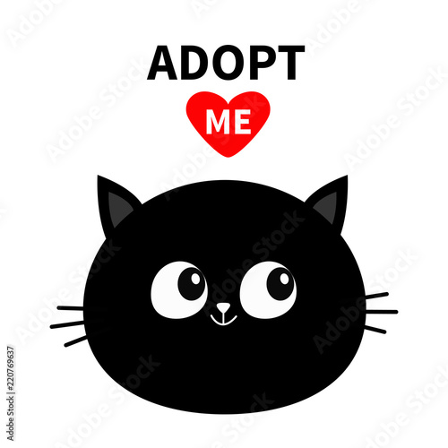 Black cat round face silhouette. Adopt me. Red heart. Pet adoption. Kawaii animal. Cute cartoon kitty character. Funny baby kitten. Help homeless animal Flat design. White background