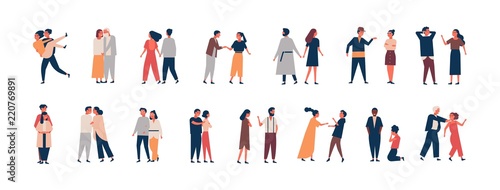 Collection of relationship development stages. Set of men and women dating, quarreling, hugging, fighting. Couples or romantic partners isolated on white background. Flat cartoon vector illustration.