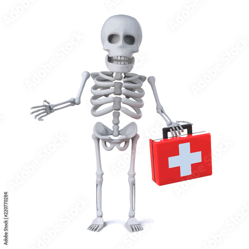 Vector 3d Skeleton arrives with first aid kit