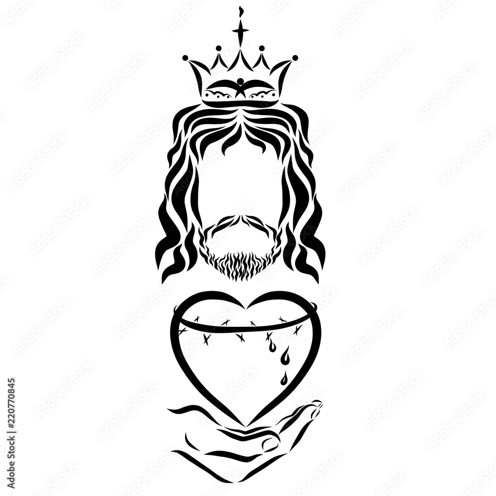 King Jesus holds a heart with a crown of thorns