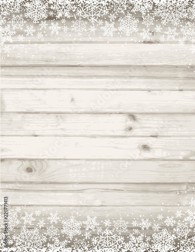 Wooden grey christmas background with white snowflakes, vector illustration