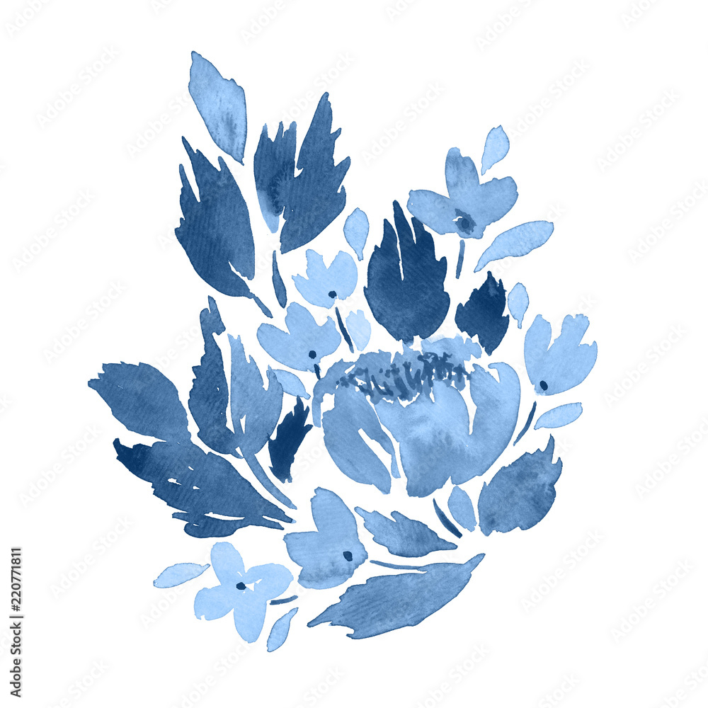 Loose watercolor flowers arrangement. Hand painted floral composition in  blue Stock Illustration
