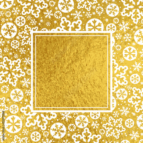 Golden luxury Christmas background with white snowflakes and square frame in the center,  vector illustration