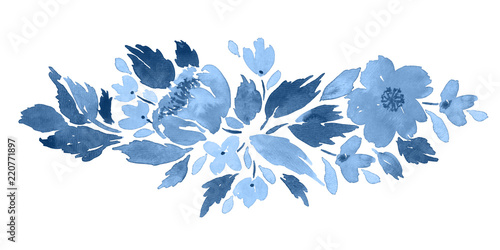 Loose watercolor floral arrangement  in blue. Hand painted composition with c...