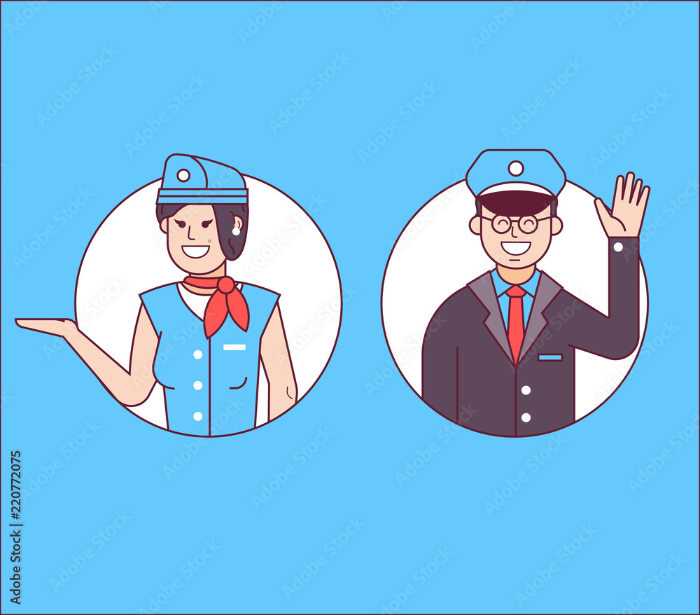 Aircraft or cabin crew with steward or pilot and stewardess icons. Friendly  flight attendants and copilot. Smiling characters in working uniform  welcoming the passenger on board. Stock Vector | Adobe Stock