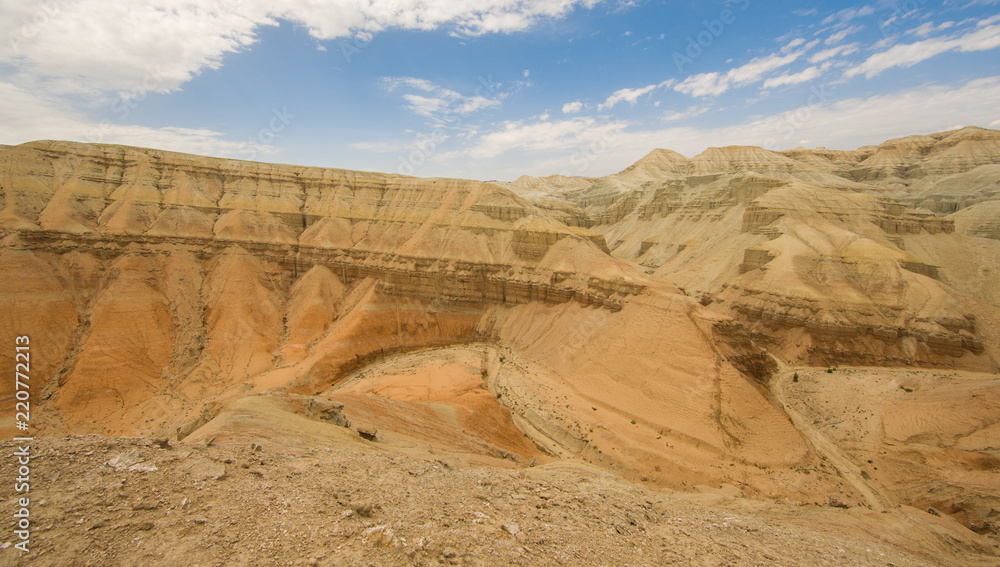 summer sunny panorama of the valley of desert mountains, Kazakhstan, Altyn-Emel National Park