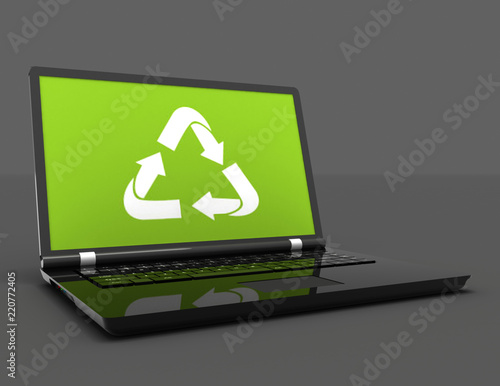 3D Laptop with a recycling symbol on screen. environmental conservation concept