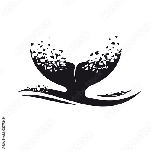 Whale that plunges into the sea. Vector logo in broken sketch style