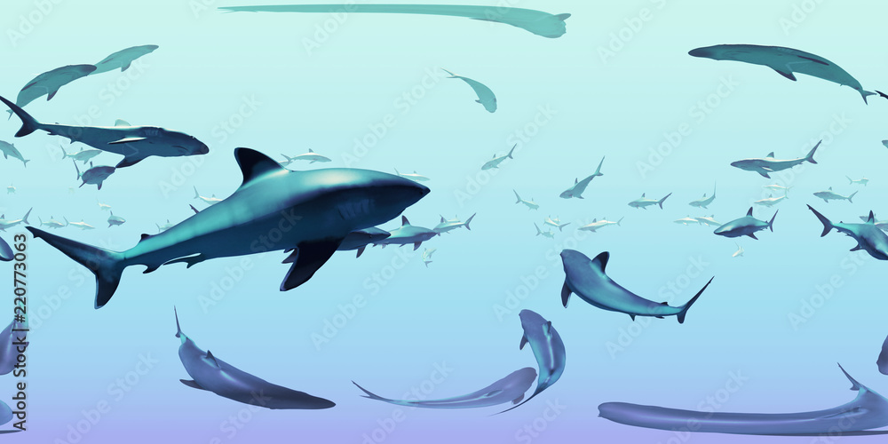 Fototapeta premium HDRI map, spherical environment panorama nature background, group of silvertip sharks swimming in the ocean (3d equirectangular rendering)